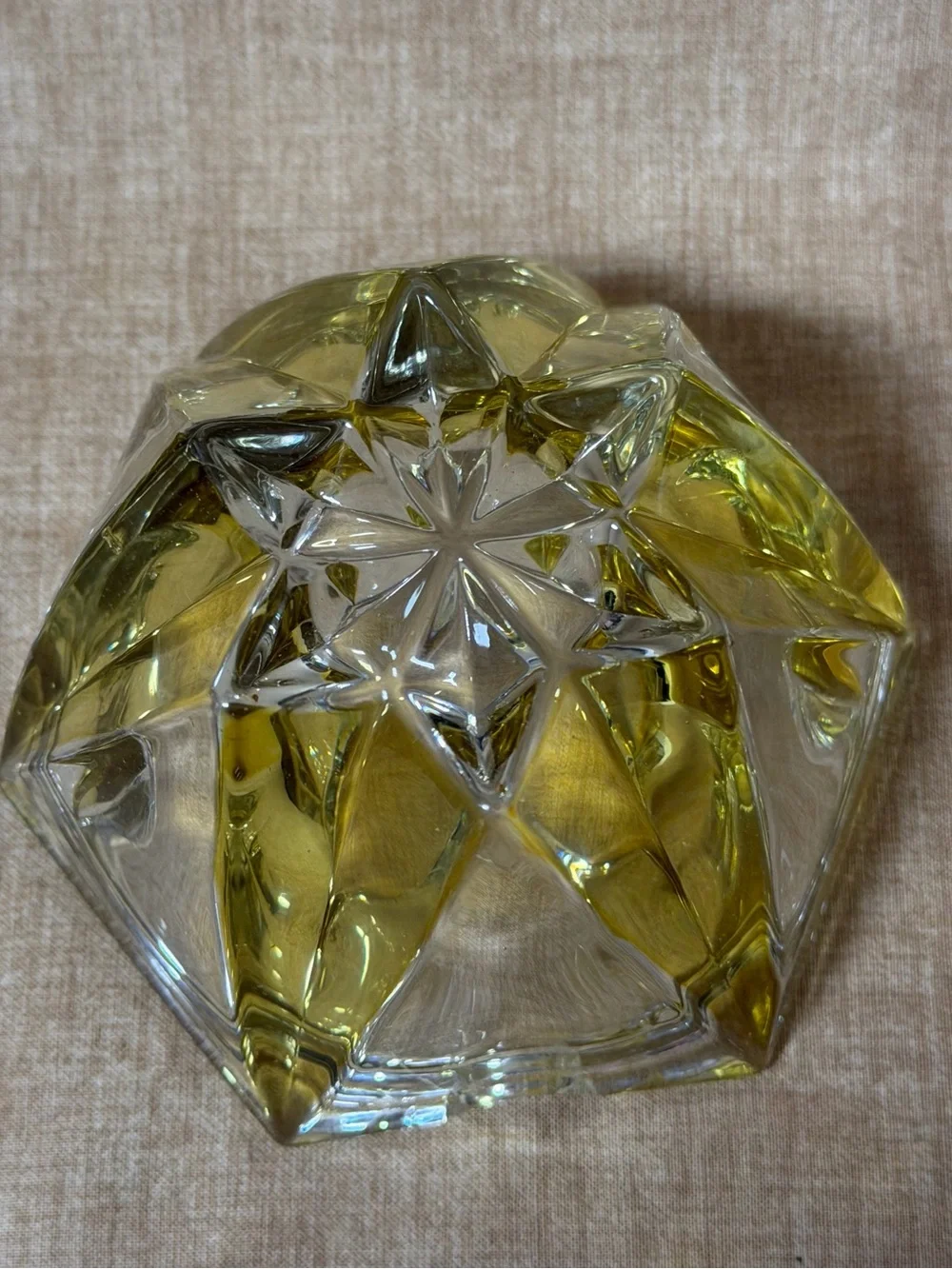 Heavy Cut Crystal Glass Ashtray Yellow Star Shape MCM Retro Vtg 60s Home Decor